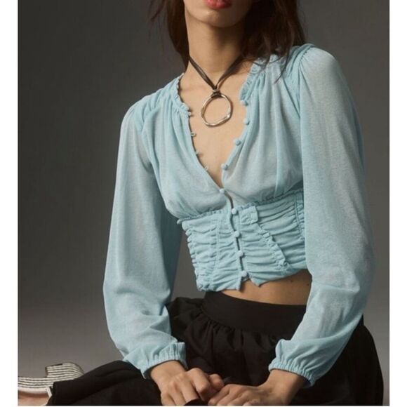 EXCELLENT CONDITION Anthropologie sheer style Long-Sleeve Femme Ruched Cropped T - Picture 2 of 10